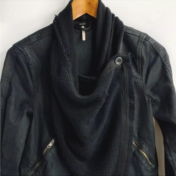 Free People Drape Front Coated Motorcycle Biker Jacket Black Women’s size 4 - Picture 6 of 16